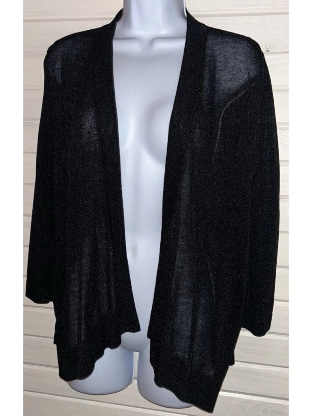 Chicos Sz 1 (MEDIUM) Black Shimmer Open Front Cardigan Rayon Nylon EUC